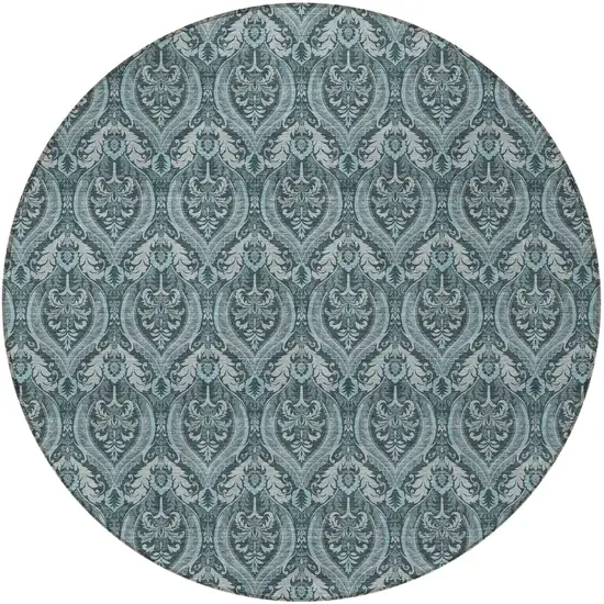 8' Round Teal Round Damask Washable Non Skid Indoor Outdoor Area Rug Photo 5