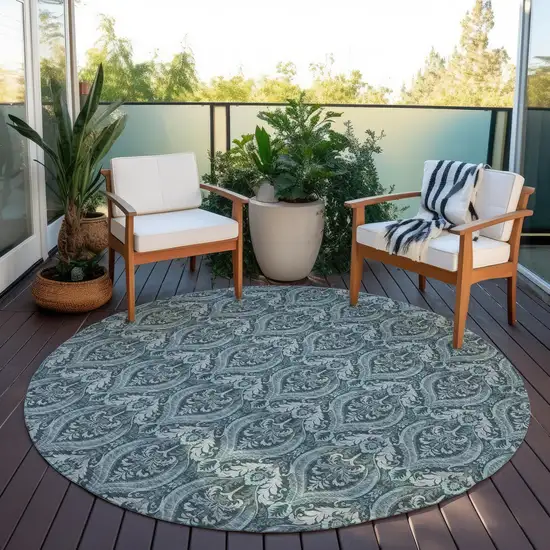 8' Round Teal Round Damask Washable Non Skid Indoor Outdoor Area Rug Photo 8