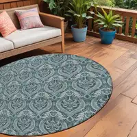 Photo of 8' Round Teal Round Damask Washable Non Skid Indoor Outdoor Area Rug