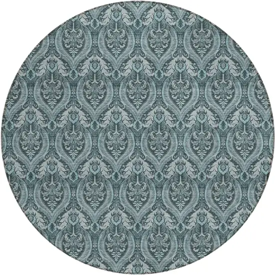 8' Round Teal Round Damask Washable Non Skid Indoor Outdoor Area Rug Photo 2