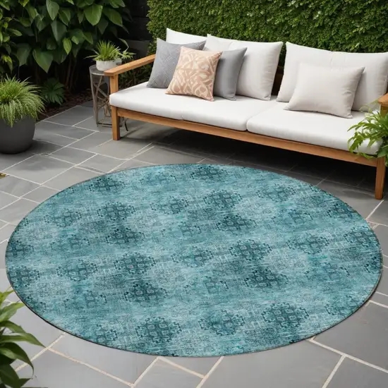 Teal Round Floral Medallion Washable Non Skid Indoor Outdoor Area Rug Photo 1