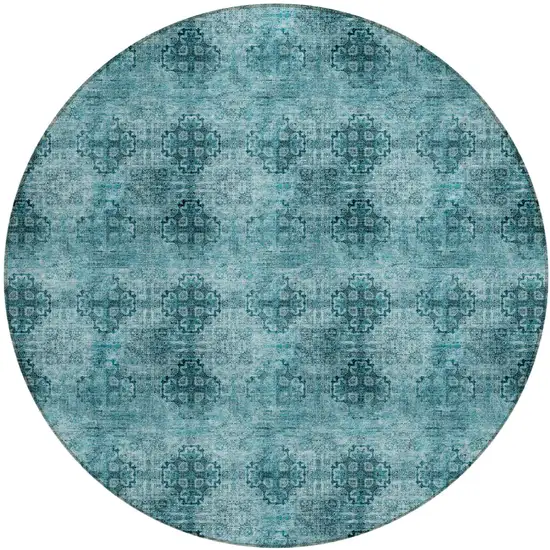 Teal Round Floral Medallion Washable Non Skid Indoor Outdoor Area Rug Photo 2