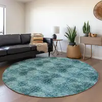 Photo of 8' Round Teal Round Floral Medallion Washable Non Skid Indoor Outdoor Area Rug