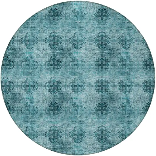 8' Round Teal Round Floral Medallion Washable Non Skid Indoor Outdoor Area Rug Photo 3