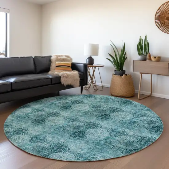 Teal Round Floral Medallion Washable Non Skid Indoor Outdoor Area Rug Photo 7