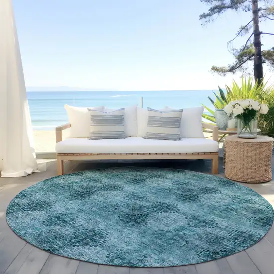 8' Round Teal Round Floral Medallion Washable Non Skid Indoor Outdoor Area Rug Photo 6