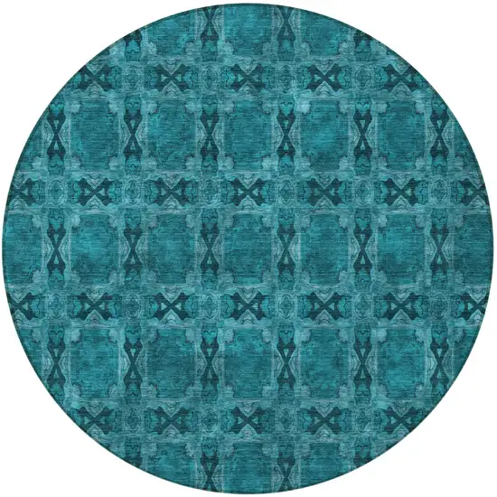 Teal Round Floral Medallion Washable Non Skid Indoor Outdoor Area Rug Photo 5