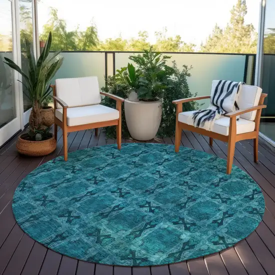 Teal Round Floral Medallion Washable Non Skid Indoor Outdoor Area Rug Photo 8