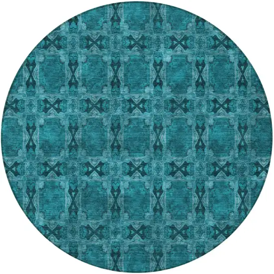 8' Round Teal Round Floral Medallion Washable Non Skid Indoor Outdoor Area Rug Photo 5