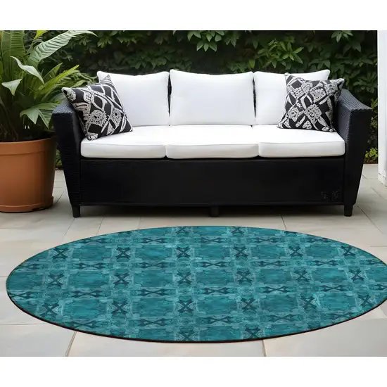 8' Round Teal Round Floral Medallion Washable Non Skid Indoor Outdoor Area Rug Photo 1