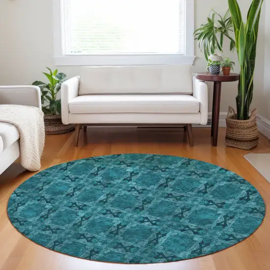 Teal Round Floral Medallion Washable Non Skid Indoor Outdoor Area Rug Photo 9