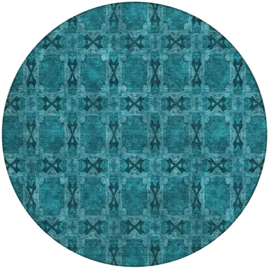 Teal Round Floral Medallion Washable Non Skid Indoor Outdoor Area Rug Photo 2