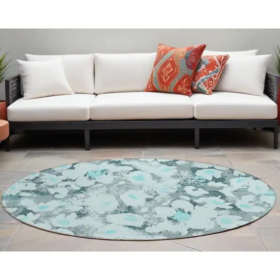 Teal Round Floral Washable Non Skid Indoor Outdoor Area Rug Photo 1