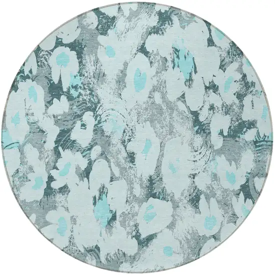 Teal Round Floral Washable Non Skid Indoor Outdoor Area Rug Photo 6