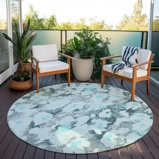 8' Round Teal Round Floral Washable Non Skid Indoor Outdoor Area Rug Photo 7