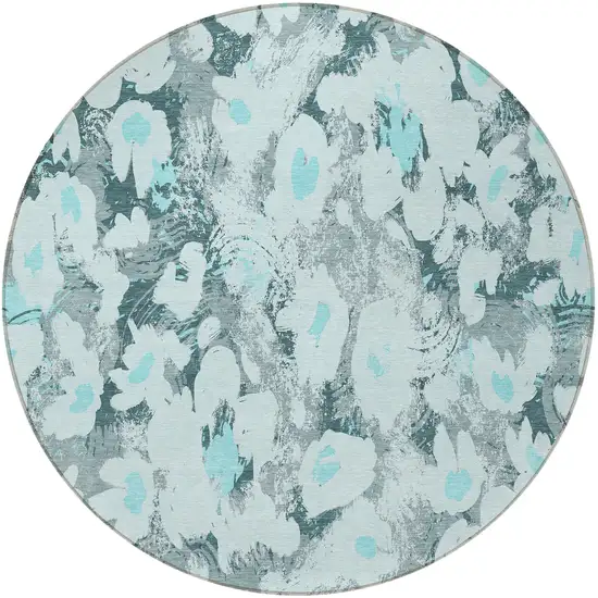 8' Round Teal Round Floral Washable Non Skid Indoor Outdoor Area Rug Photo 6