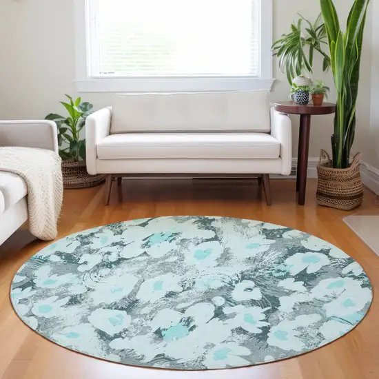 Teal Round Floral Washable Non Skid Indoor Outdoor Area Rug Photo 8