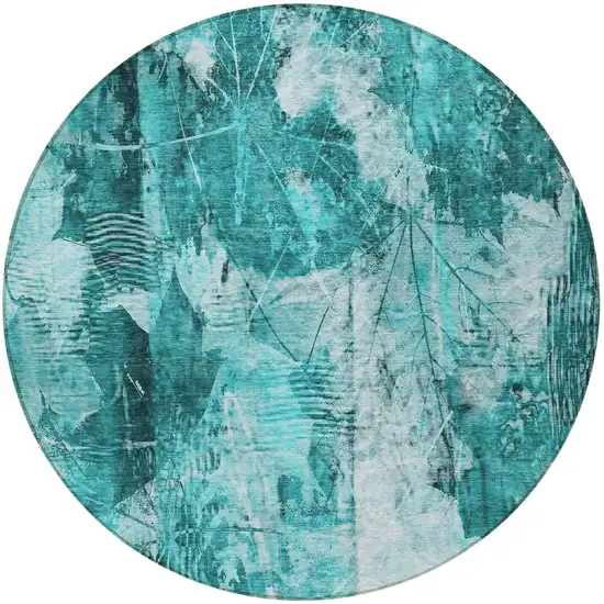 Teal Round Floral Washable Non Skid Indoor Outdoor Area Rug Photo 4