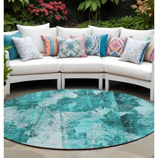 8' Round Teal Round Floral Washable Non Skid Indoor Outdoor Area Rug Photo 1