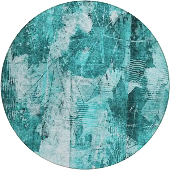 8' Round Teal Round Floral Washable Non Skid Indoor Outdoor Area Rug Photo 2