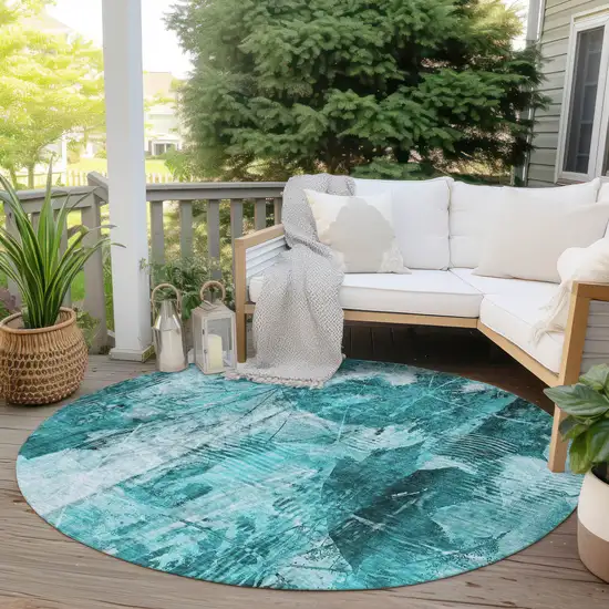 8' Round Teal Round Floral Washable Non Skid Indoor Outdoor Area Rug Photo 8