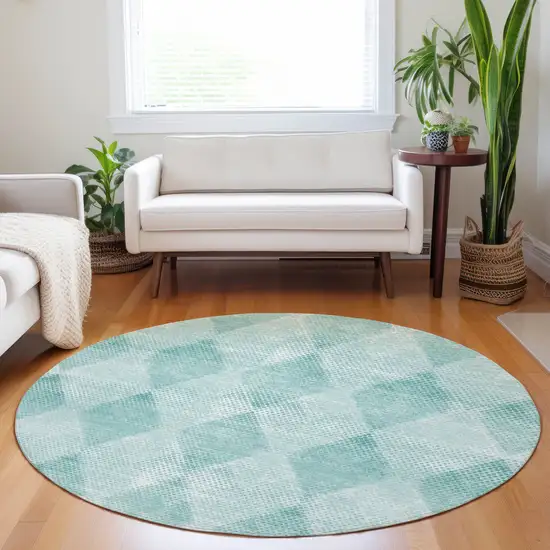 8' Round Teal Round Geometric Washable Non Skid Indoor Outdoor Area Rug Photo 9