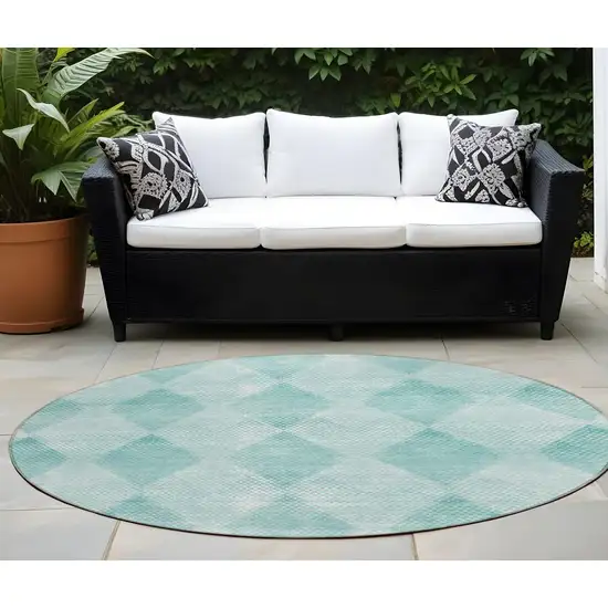 8' Round Teal Round Geometric Washable Non Skid Indoor Outdoor Area Rug Photo 1