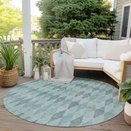 Teal Round Geometric Washable Non Skid Indoor Outdoor Area Rug Photo 8