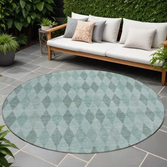 Teal Round Geometric Washable Non Skid Indoor Outdoor Area Rug Photo 1