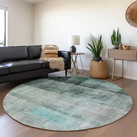 8' Round Teal Round Ombre Washable Non Skid Indoor Outdoor Area Rug Photo 9