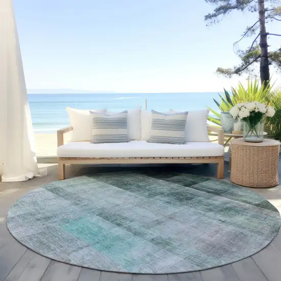 8' Round Teal Round Ombre Washable Non Skid Indoor Outdoor Area Rug Photo 8