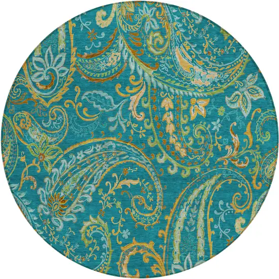 8' Round Teal Round Paisley Washable Non Skid Indoor Outdoor Area Rug Photo 2