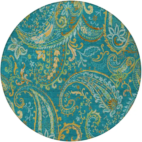 8' Round Teal Round Paisley Washable Non Skid Indoor Outdoor Area Rug Photo 5