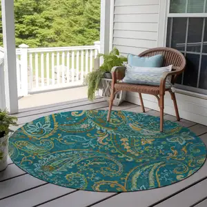 Photo of 8' Round Teal Round Paisley Washable Non Skid Indoor Outdoor Area Rug