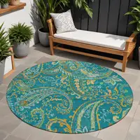 Photo of 8' Round Teal Round Paisley Washable Non Skid Indoor Outdoor Area Rug