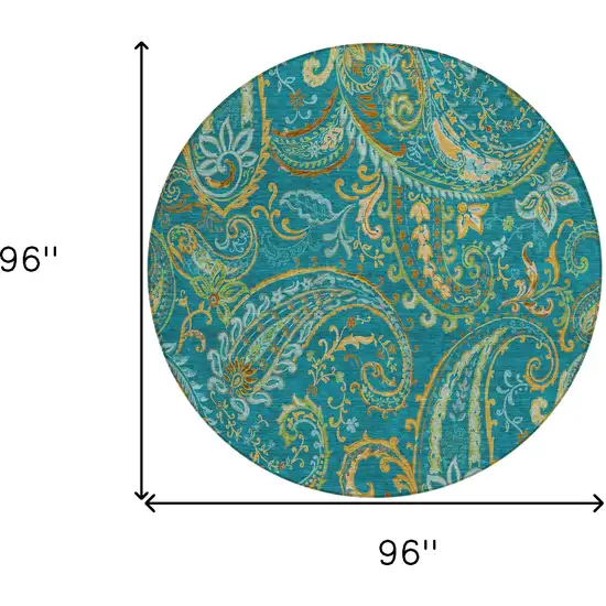 8' Round Teal Round Paisley Washable Non Skid Indoor Outdoor Area Rug Photo 3