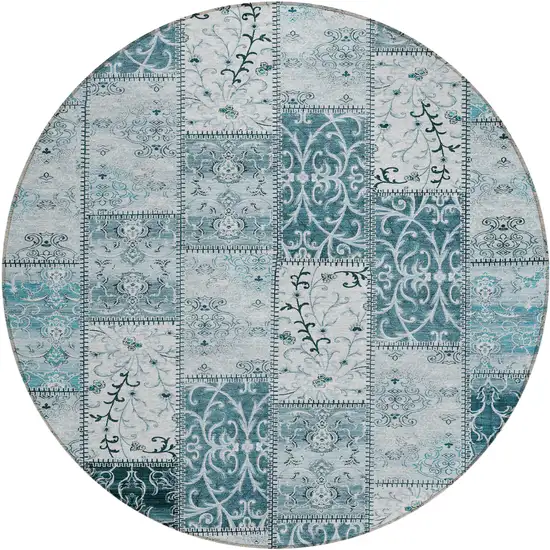 8' Round Teal Round Patchwork Washable Non Skid Indoor Outdoor Area Rug Photo 2