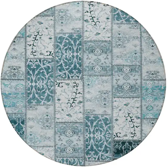 8' Round Teal Round Patchwork Washable Non Skid Indoor Outdoor Area Rug Photo 4