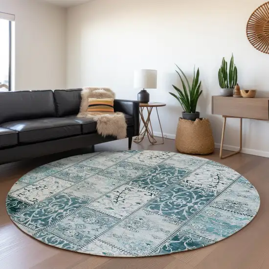 8' Round Teal Round Patchwork Washable Non Skid Indoor Outdoor Area Rug Photo 8