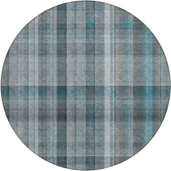 8' Round Teal Round Plaid Washable Non Skid Indoor Outdoor Area Rug Photo 2