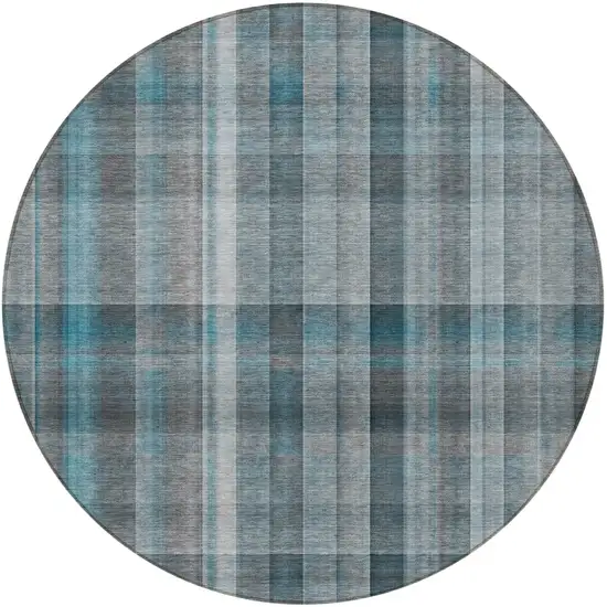 8' Round Teal Round Plaid Washable Non Skid Indoor Outdoor Area Rug Photo 4