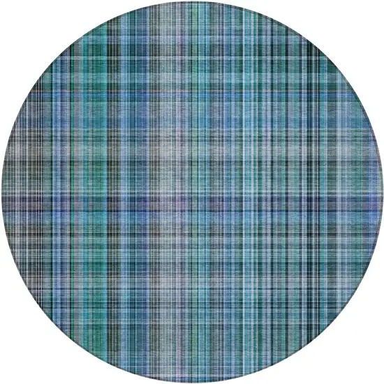 Blue Teal and Gray Round Plaid Washable Non Skid Indoor Outdoor Area Rug Photo 2