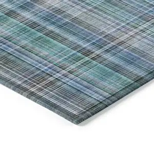 Photo of 8' Round Teal Round Plaid Washable Non Skid Indoor Outdoor Area Rug