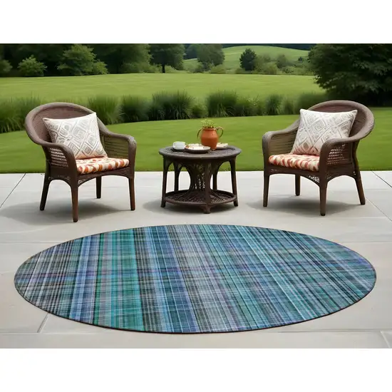 Blue Teal and Gray Round Plaid Washable Non Skid Indoor Outdoor Area Rug Photo 1