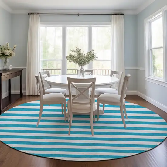 Teal and White Round Striped Washable Indoor Outdoor Area Rug Photo 7