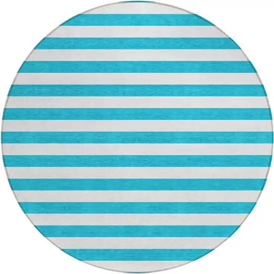 Teal and White Round Striped Washable Indoor Outdoor Area Rug Photo 2