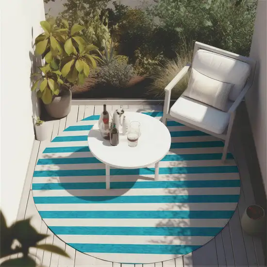 Teal and White Round Striped Washable Indoor Outdoor Area Rug Photo 6