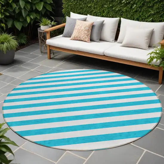 Teal and White Round Striped Washable Indoor Outdoor Area Rug Photo 1