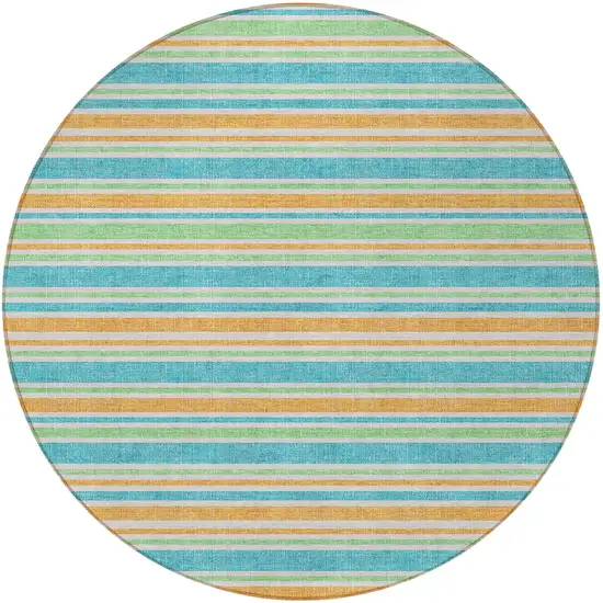 8' Round Teal Round Striped Washable Non Skid Indoor Outdoor Area Rug Photo 2