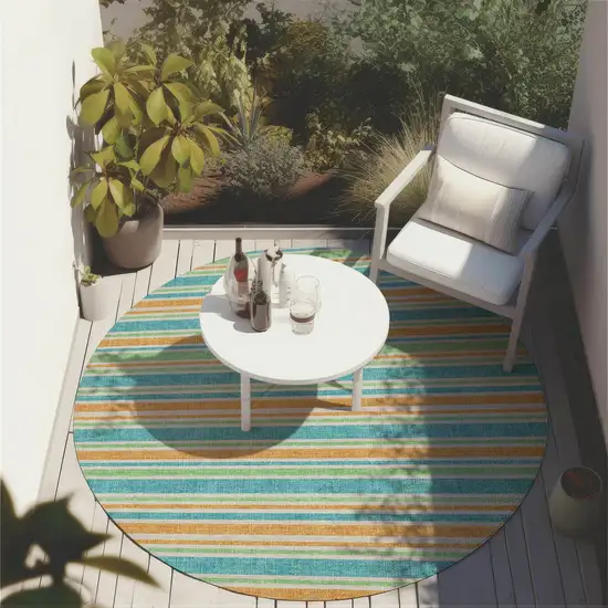 Teal Yellow and Green Round Striped Washable Non Skid Indoor Outdoor Area Rug Photo 6